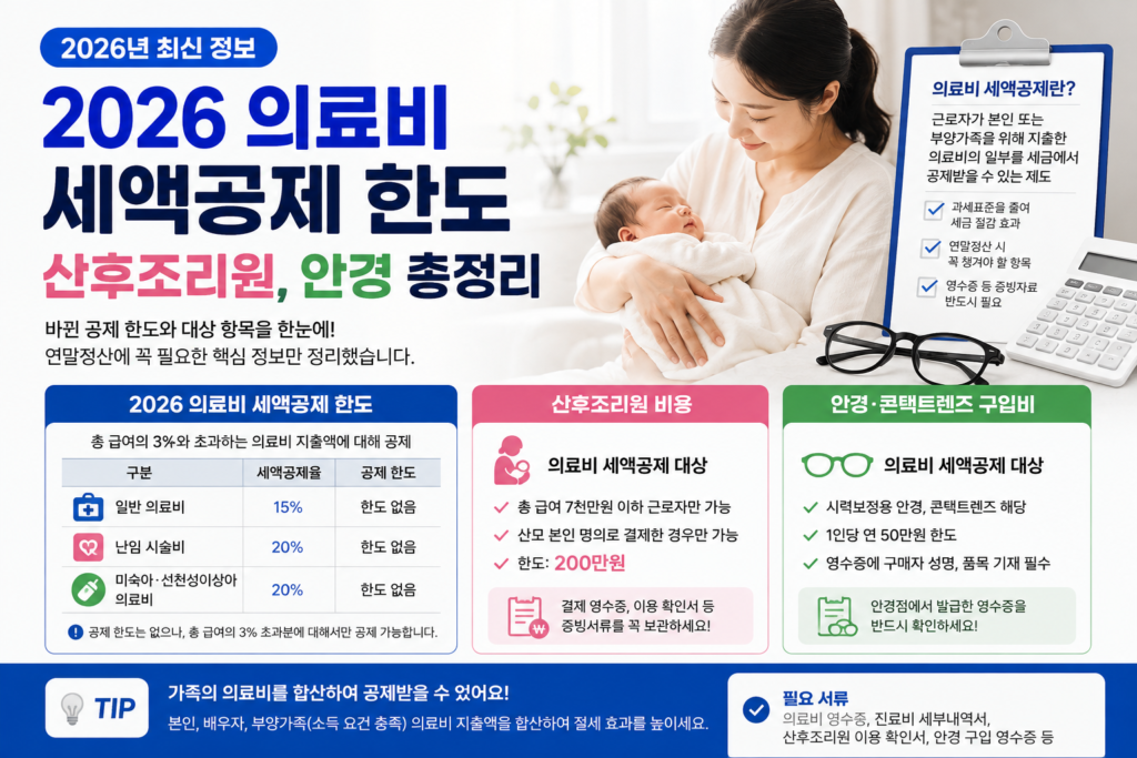 2026년 의료비 세액공제 한도는 총급여 3% 초과 지출분부터 공제되고, 일반 공제율은 15%
본인·65세 이상 부양가족·장애인·산정특례자는 한도 없이 공제
산후조리원은 소득과 상관없이 출산 1회당 200만원까지 공제(2024년 지출분부터)
실손보험금으로 돌려받은 금액은 반드시 빼고 신청해야 해요