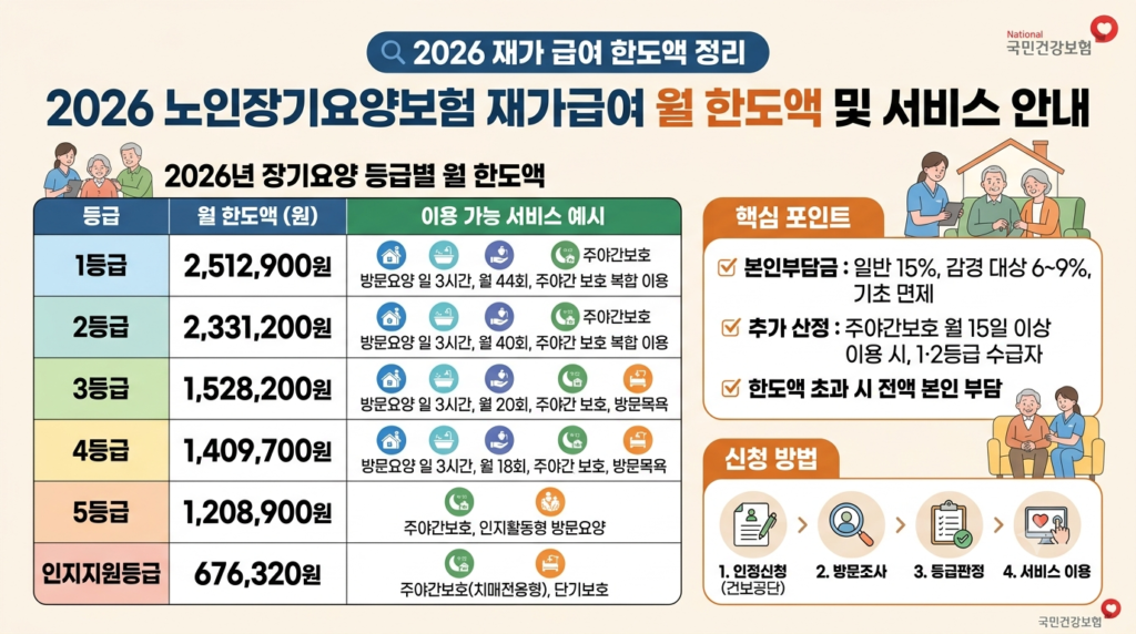 2026년 재가 급여 한도액은 등급마다 차이가 크고
본인부담률은 재가 15%, 시설 20%로 그대로 유지
40%·60% 감경과 생계·의료급여 1종 완전 면제는 소득 기준별로 나뉩니다