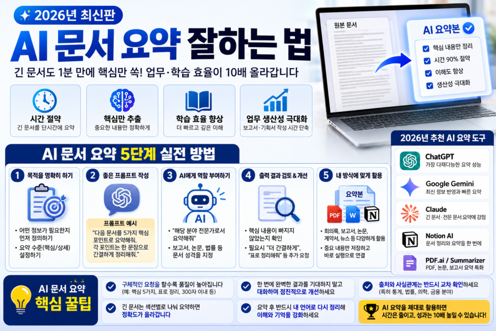 AI 문서 요약 잘하는 법은 '요약해줘'가 아니라 목적을 먼저 밝히는 데서 갈림
요약 목적을 주면 뽑히는 내용이 완전히 달라짐
분량은 '짧게' 대신 문장 수로 정해야 함
'원문에 없으면 없다고 써줘'를 붙이면 원문에 없는 내용이 섞이는 걸 막을 수 있음