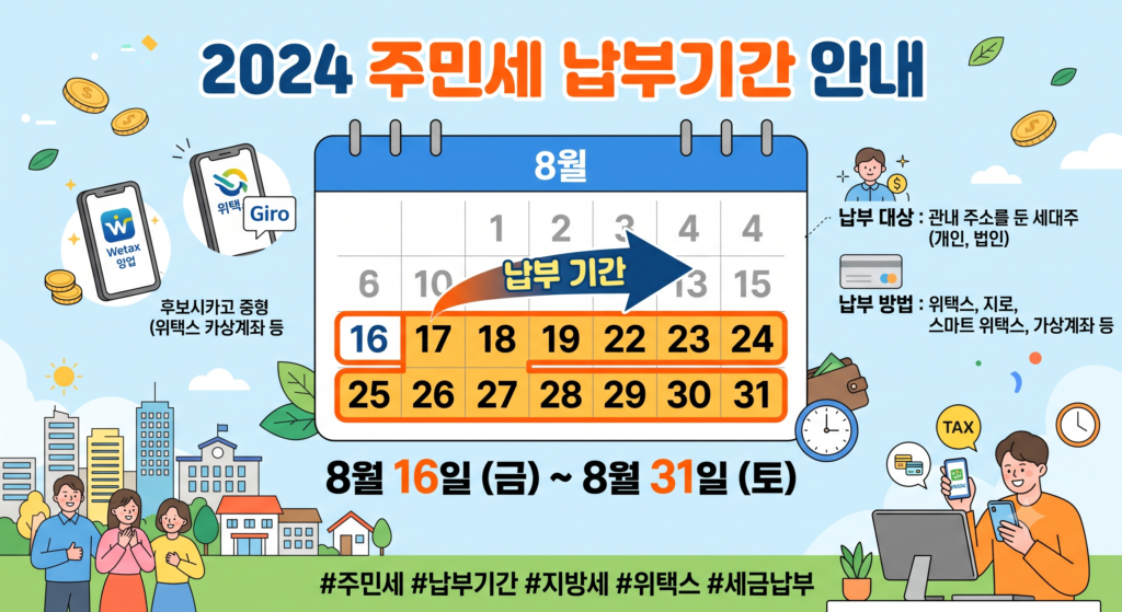 주민세 납부기간은 8월 16일부터 31일까지
세대주 앞으로 고지서가 날아옵니다!
금액이 크지 않아 대충 넘기기 쉬운데요,
여기서 두 가지를 놓치는 경우가 많습니다.하나는 사업을 하시는 분이라면 고지서가 안 와도 직접 신고해야 하는 세금이 따로 있다는 점이고,
다른 하나는 안 내도 되는 사람이 생각보다 많다는 점이죠.주민세 납부기간과 함께 이 두 가지를 아래에서 확인해보세요.