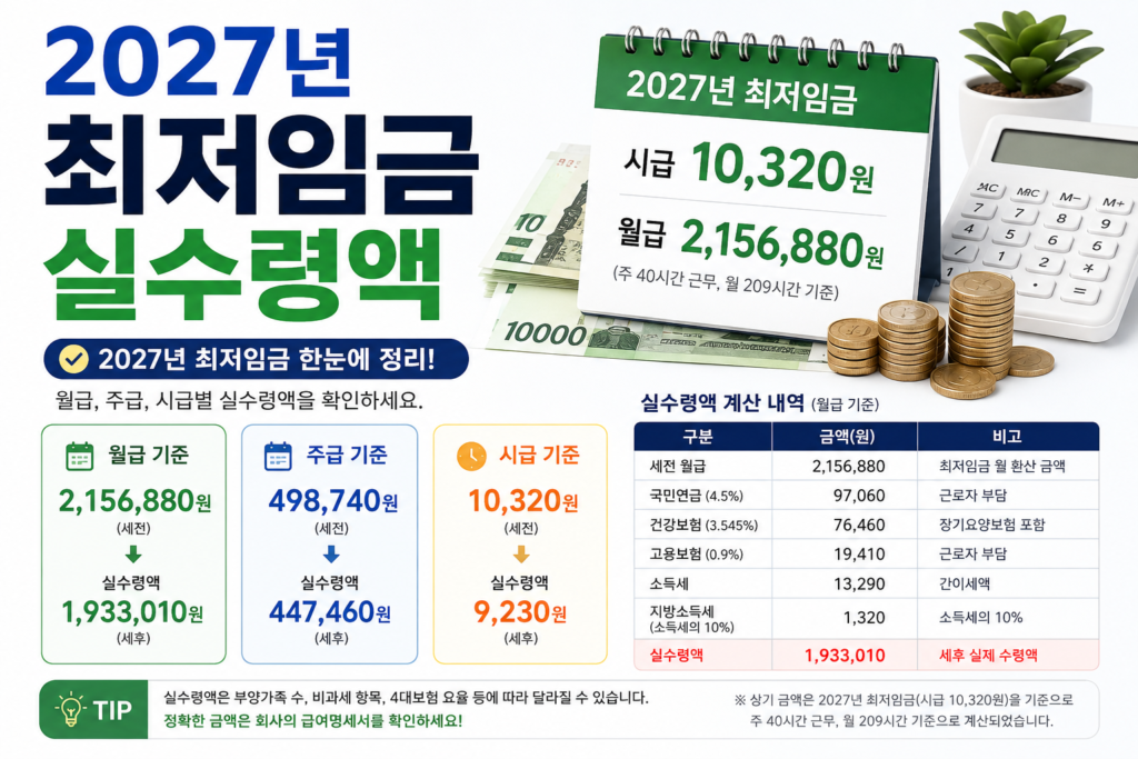 2027년 최저임금 실수령액 정리